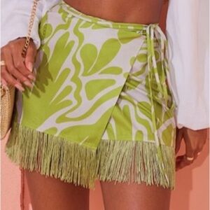 Green Patterned Wrap Skirt with Fringe